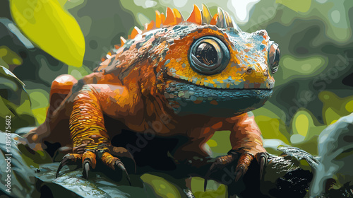 Vector illustration of a vibrant, colorful gecko or lizard with large eyes perched on a branch in the jungle. Exotic and detailed reptile design in a tropical setting