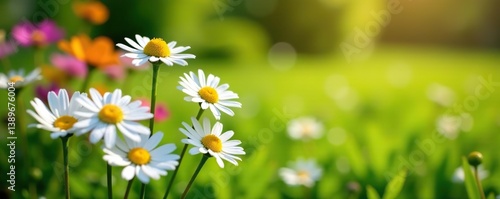 Daisy flowers blooming in a vibrant backyard garden during summer Marguerite plant in full bloom on a lush green field in the countryside,  green,  garden