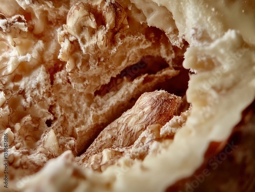 Artistic macro of brazil nut interior, cut open to show creamy color and fibrous structure