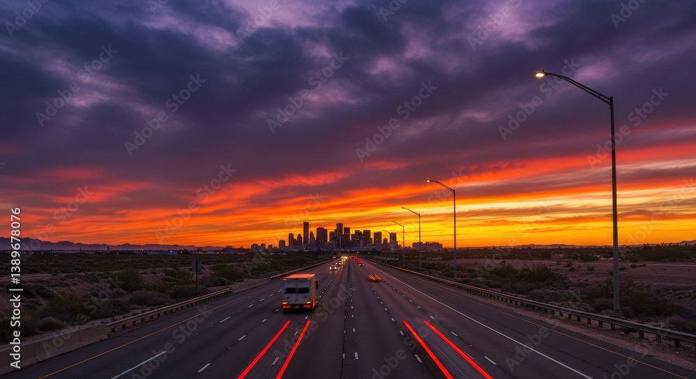 Fototapeta premium Highway leading to city skyline at sunset with colorful sky and car light trails visible below them