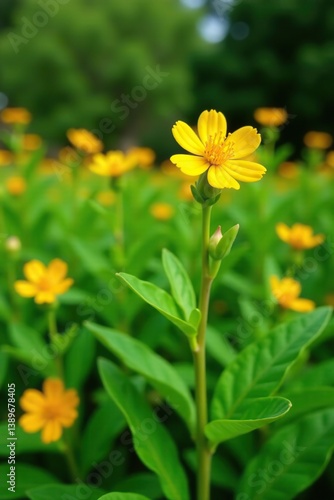 Euphorbia polychroma plant with yellow flowers and lush green leaves in a vibrant garden,  blooming,  landscape