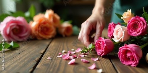 Florist arranging flowers on wooden surface, selective focus, florist,  making