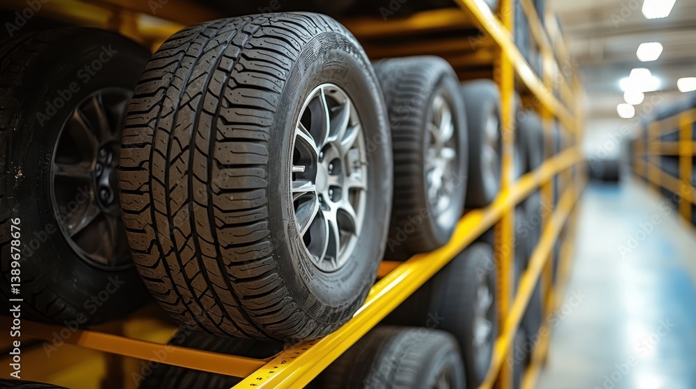 Fototapeta premium Stacked automotive tires on a yellow storage rack in a warehouse facility