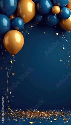 Elegant navy blue and gold celebration with vibrant balloons, glittering confetti, perfect for banners, posters, backgrounds,  gold,  background
