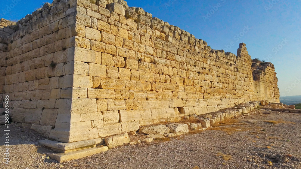 Fototapeta premium A massive stone wall with a bright blue sky in the background, perfect for landscape or architecture photography