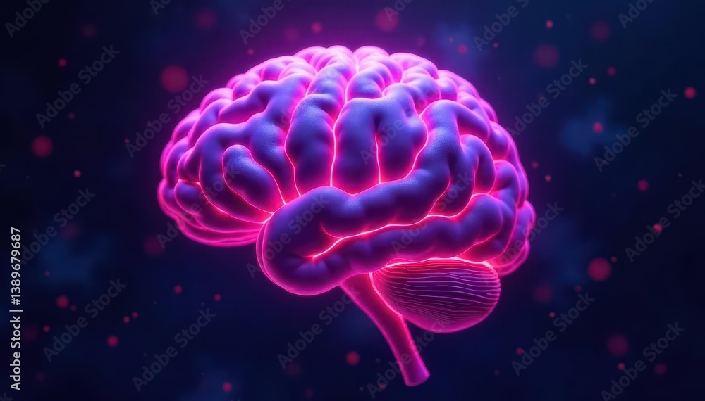 Glowing purple & pink brain, intricate neural pathways, brain, illustration Glowing purple & pink brain, intricate neural pathways, brain, illustration