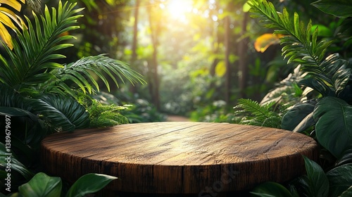 Wooden product display in jungle background for mockup presentation and nature themed advertising 100