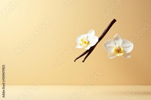 Flying vanilla sticks and orchid flowers floating gracefully in mid-air against a soft beige background, creating a dreamy and elegant aesthetic,  flying,  elegant