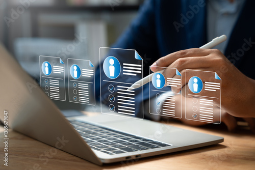 Human resource management technology (HR), Human resource manager touching human resource network structure and checks the CV online to choose the perfect employee for company, Effective recruitment.