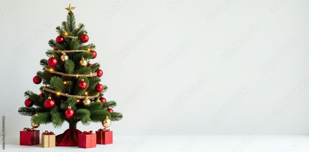 Festive Christmas tree adorned with ornaments and twinkling lights on white background, white, tree Festive Christmas tree adorned with ornaments and twinkling lights on white background, white, tree
