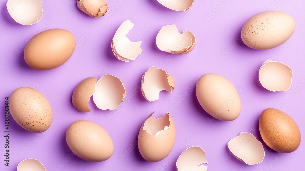 Cracked egg with shell pieces scattered across lavender backdrop Cracked egg with shell pieces scattered across lavender backdrop