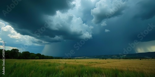 Dramatic storm clouds roll in over a rural field landscape with trees and hills in the distance under dark sky,  field,  sky