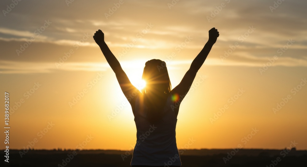 Silhouette of woman with arms raised against a bright sunset creating a sense of achievement Silhouette of woman with arms raised against a bright sunset creating a sense of achievement