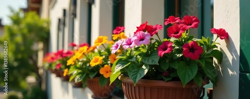 Wallpaper Mural Hanging petunia flowers in tilted angle baskets on balcony with vibrant colors and green foliage,  exterior,  nature Torontodigital.ca