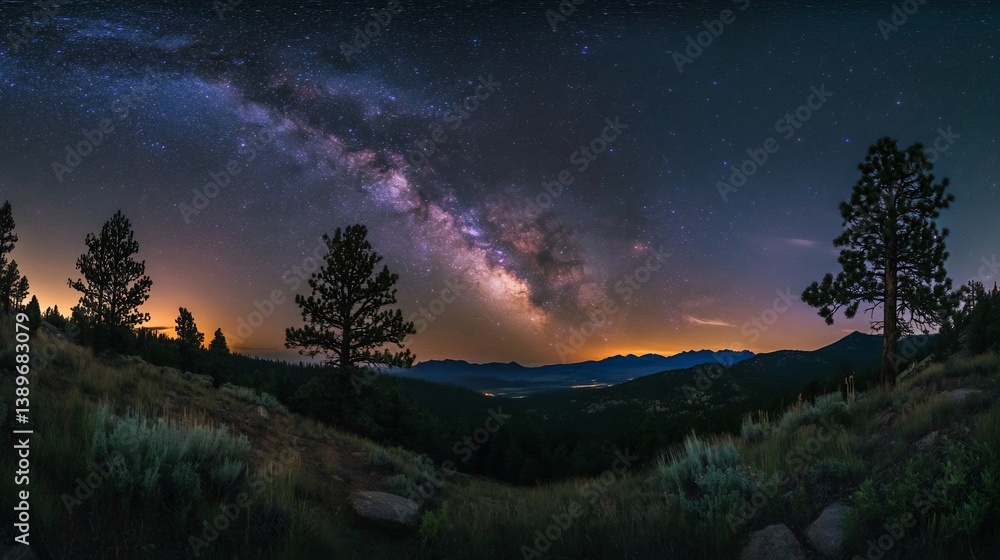 Fototapeta premium Majestic Milky Way Arch Over Silhouetted Pines and Valley