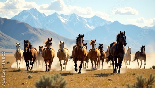 Wallpaper Mural Herd of beautiful horses galloping freely in Patagonia valley with Andes mountains in the background,  galloping,  freedom Torontodigital.ca