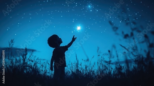 Young explorer reaching for stellar dreams on a mystical night field