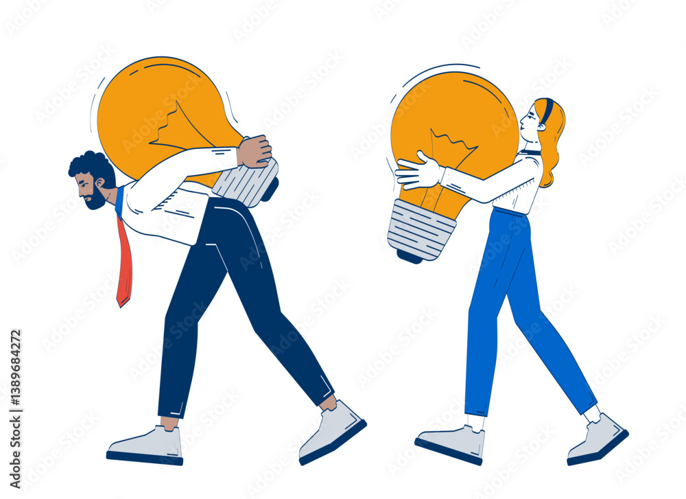 Obraz premium Creative team carrying giant light bulbs symbolizing big ideas doodle illustration concept. Colleagues solution business lightbulbs cartoon 2D characters isolated on white. Hand drawn vector metaphor