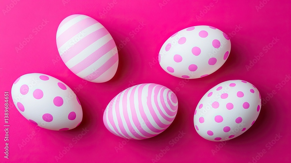 Flat lay of Easter-themed decorated eggs on vivid fuchsia background Flat lay of Easter-themed decorated eggs on vivid fuchsia background