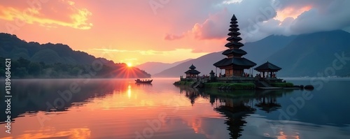 Wallpaper Mural Hindu temple Pura Ulun Danu Bratan with boat on Bratan lake during sunrise in Bali, Indonesia,  landscape,  peaceful Torontodigital.ca