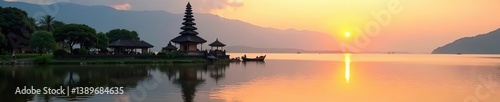 Wallpaper Mural Hindu temple Pura Ulun Danu Bratan with traditional boat on beautiful Bratan lake at sunrise in Bali, Indonesia,  boat,  Asia Torontodigital.ca