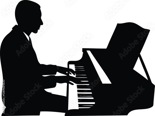 Silhouette of a pianist in side view playing a grand piano in a formal concert setting wearing a suit