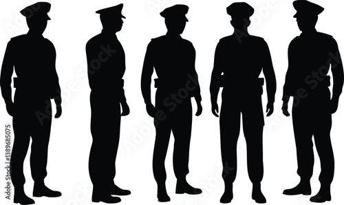 Silhouettes of five uniformed police officers standing in formation from different angles on a white background