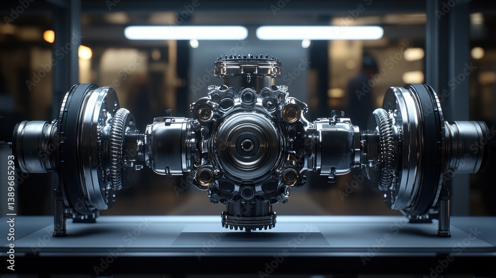 Advanced engine and transmission system showcased.  A complex, intricate mechanical design of a powerful engine and transmission system, showcasing high-tech engineering and precision