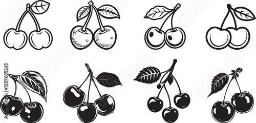 Cherry with Leaf icon linear black on white background