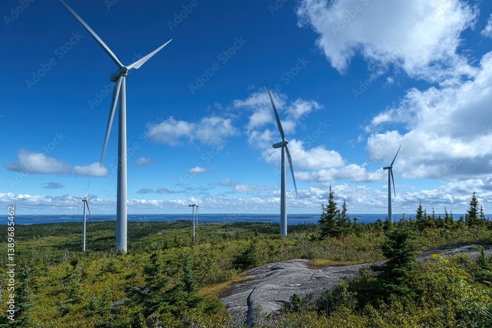 Majestic Wind Turbines on a Hilltop Overlooking a Calm Ocean under a Bright Sky Majestic Wind Turbines on a Hilltop Overlooking a Calm Ocean under a Bright Sky