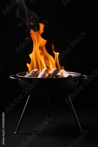 Wallpaper Mural Hot empty portable barbecue grill with flaming fire and ember charcoal on black background,  black,  charcoal Torontodigital.ca