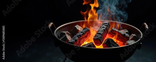 Wallpaper Mural Hot empty portable barbecue grill with flaming fire and ember charcoal on black background,  cooking,  heatwave Torontodigital.ca