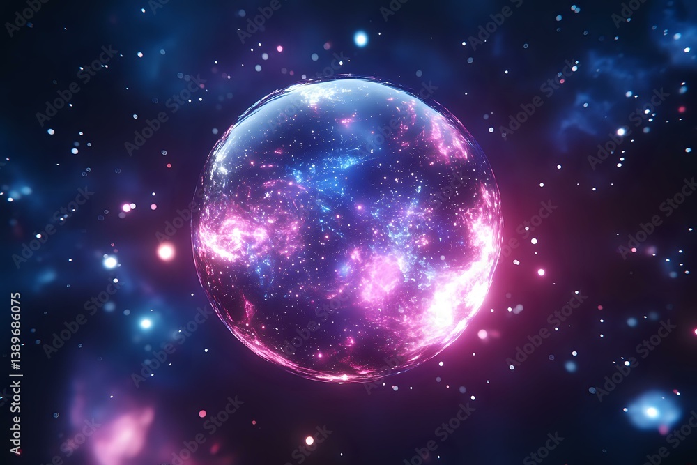 Glowing cosmic sphere with pink and blue nebula effects floating in starry space background, magical energy orb radiating light in dark universe. Glowing cosmic sphere with pink and blue nebula effects floating in starry space background, magical energy orb radiating light in dark universe.