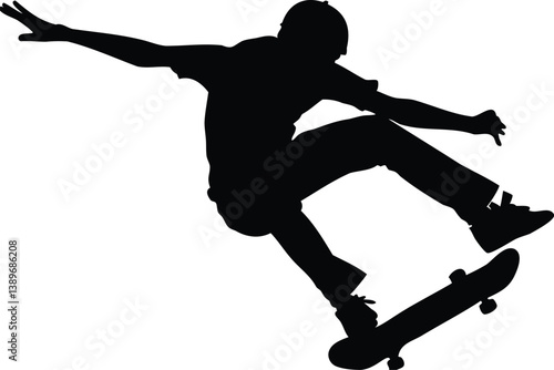 Silhouette of a skateboarder performing an aerial trick with skateboard in urban freestyle style on white background