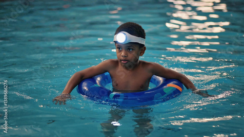 A young boy is shown wearing a life preserver while playing in a swimming pool