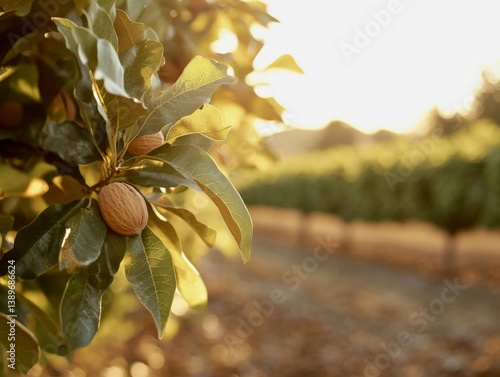 Pecan tree with visible brown nuts ready to harvest, farm field in background, golden hour light