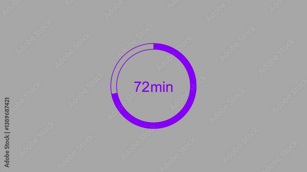 72 minutes, digital countdown timer purple color animation. Light gray background 4k video. 72 minutes, digital countdown timer purple color animation. Light gray background 4k video.