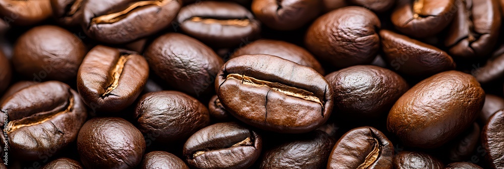 Fototapeta premium Fresh roasted coffee beans macro background showing natural texture and details of aromatic arabica beans in warm brown tones for cafe and food design.