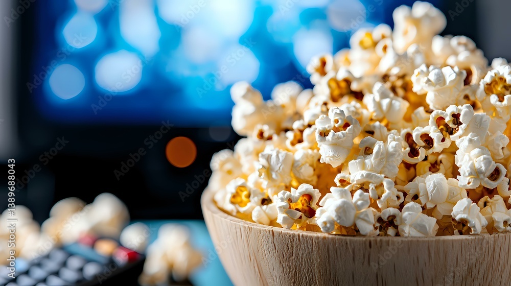 Fresh popcorn in wooden bowl against blurred blue background with bokeh lights, close-up view showing texture and detail of individual kernels. Fresh popcorn in wooden bowl against blurred blue background with bokeh lights, close-up view showing texture and detail of individual kernels.