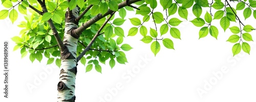 Green birch tree with lush foliage, isolated on a white background,  vibrant,  white background