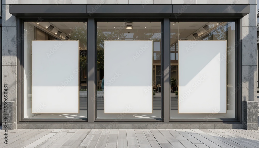 Fototapeta premium Outdoor storefront with three blank posters for advertisement display, 3D Rendering, wide background 
