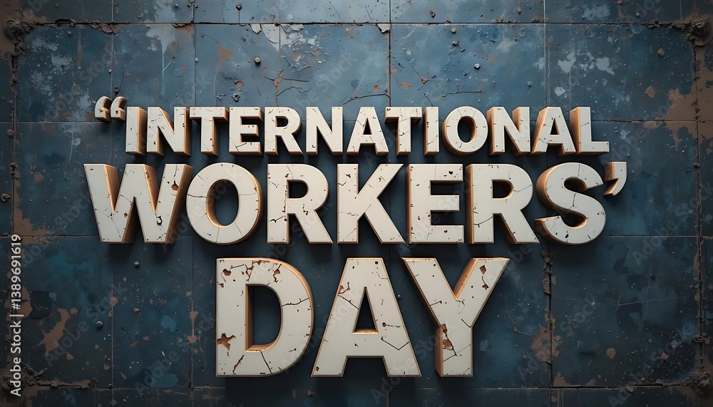 Fototapeta premium Distressed International Workers' Day Text Against Industrial Background