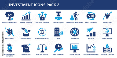 Investment icons pack in solid style with capital growth, financial freedom, stock exchange, hedge fund, startup, digital wallet, and more.