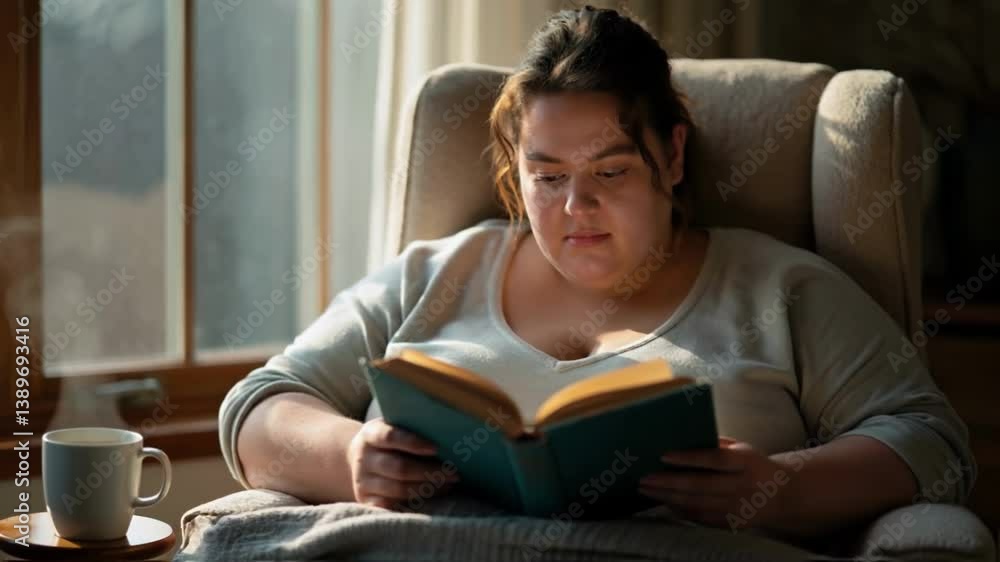 Plus-size woman engrossed in reading a book while sitting comfortably in an armchair by a sunlit window, symbolizing relaxation, leisure, knowledge and inclusivity in everyday life scenes Plus-size woman engrossed in reading a book while sitting comfortably in an armchair by a sunlit window, symbolizing relaxation, leisure, knowledge and inclusivity in everyday life scenes