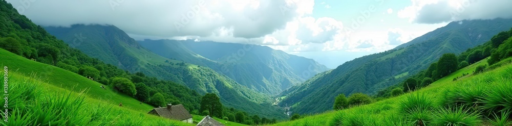 Fototapeta premium Green mountains under cloudy sky with lush vegetation, environment, view