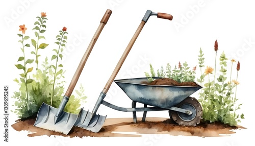 Watercolor Painting of Garden Tools with Shovel and Wheelbarrow