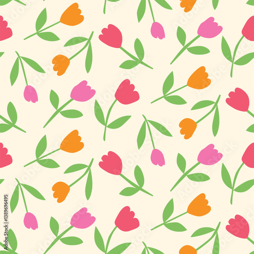 Retro Hand Drawn tossed tulips seamless pattern in orange, red and pink on white background. For wallpaper, fabric and textile