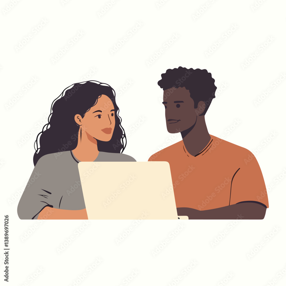 Couple working together on laptop computer Fully Vector Couple working together on laptop computer Fully Vector