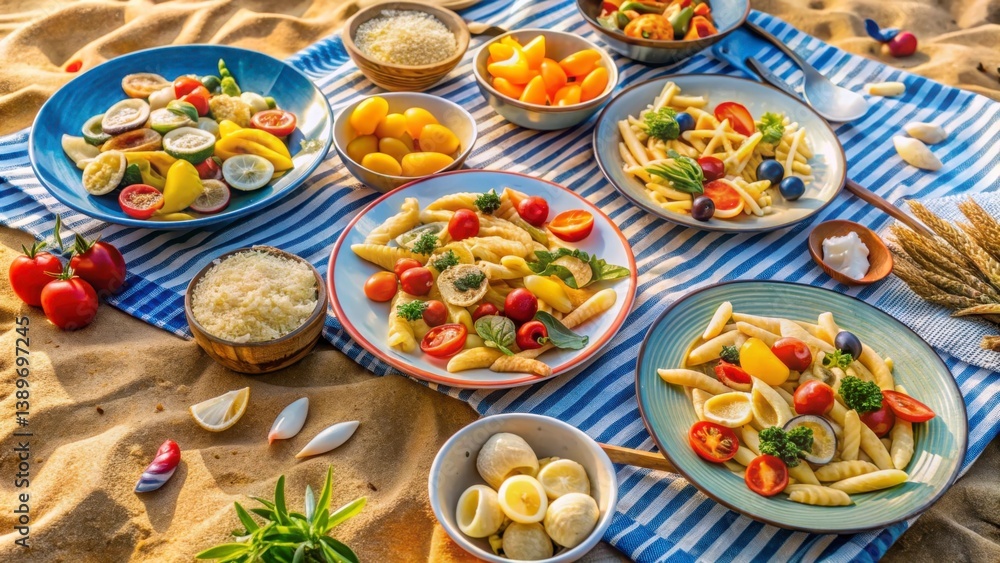 cooking summer trip concept Vibrant assortment of fresh fruits and pasta dishes arranged on a beach setting. cooking summer trip concept Vibrant assortment of fresh fruits and pasta dishes arranged on a beach setting.