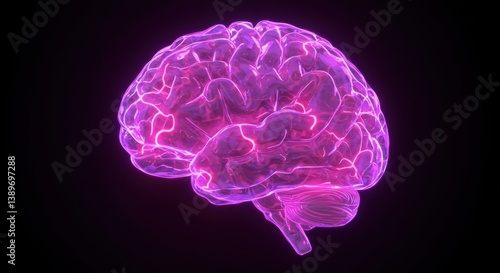 A glowing pink brain with visible convolutions and a dark background in a digital rendering